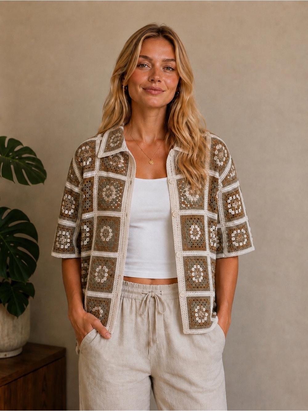 POL Crochet Square Motif Short Sleeve Cardigan in Beige and Cream